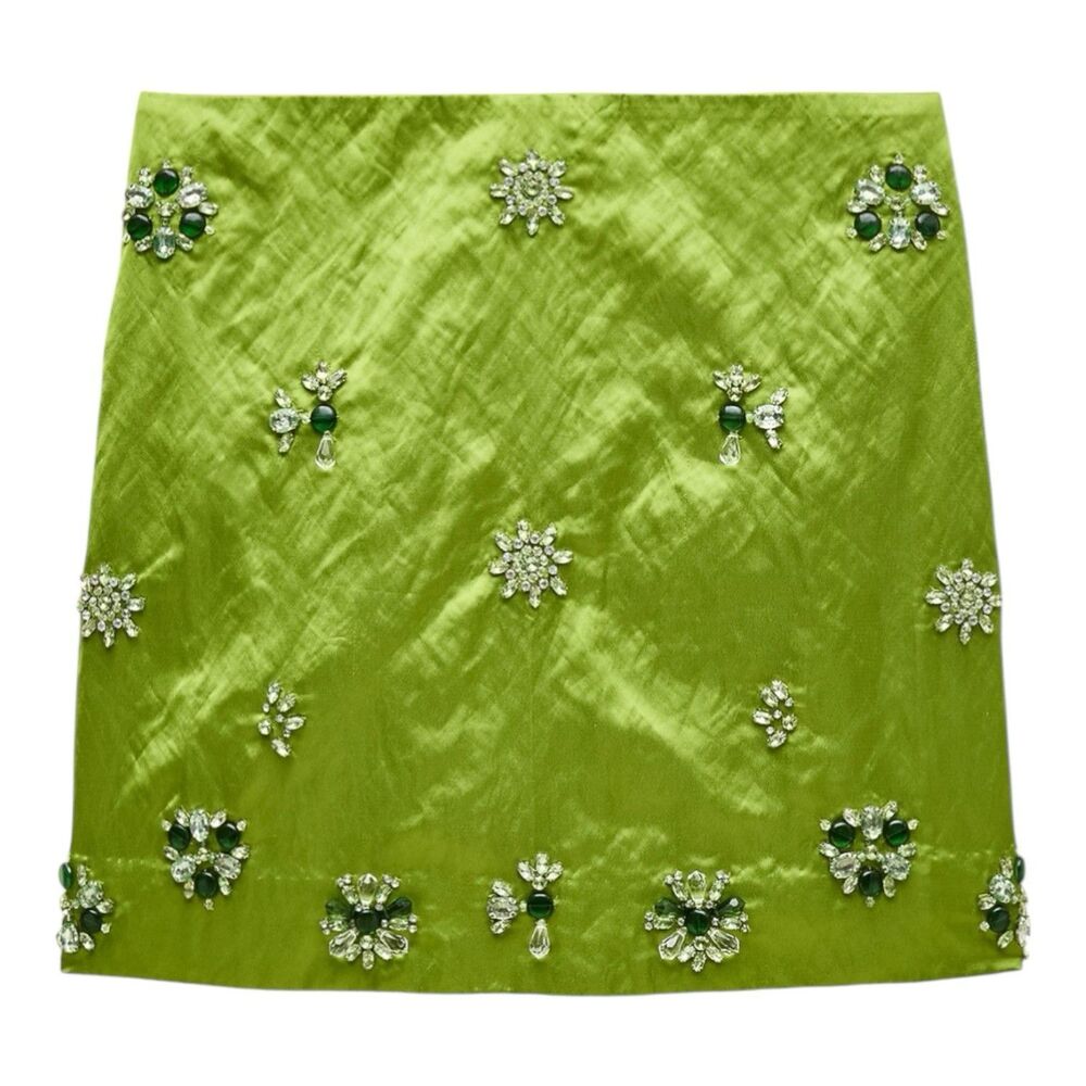 J Crew Collection Green Crystal Embellished Mini Skirt Satin Fairfax Womens 2 - Picture 2 of 9